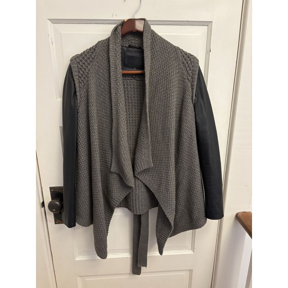 Line The Label Luxury Knitwear Belted Chunky Grey Cardigan Leather Sleeves Small